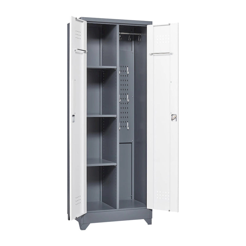 Mueble de almacenamiento de acero gris con cerradura y organizador para escobas y herramientas