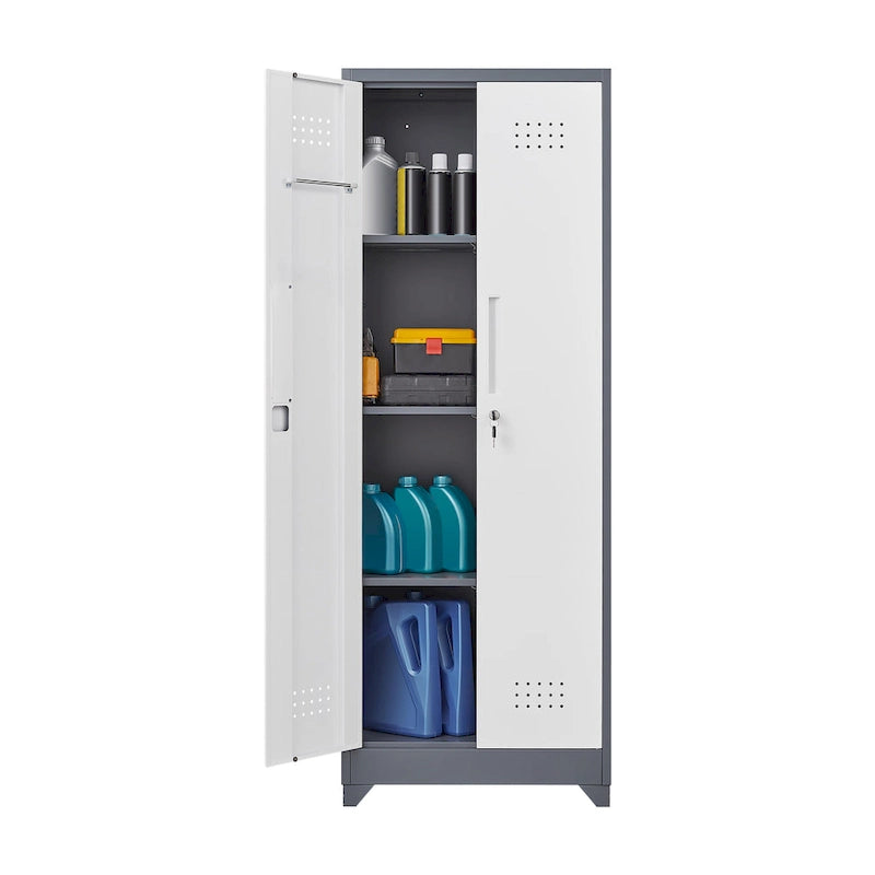 Mueble de almacenamiento de acero gris con cerradura y organizador para escobas y herramientas