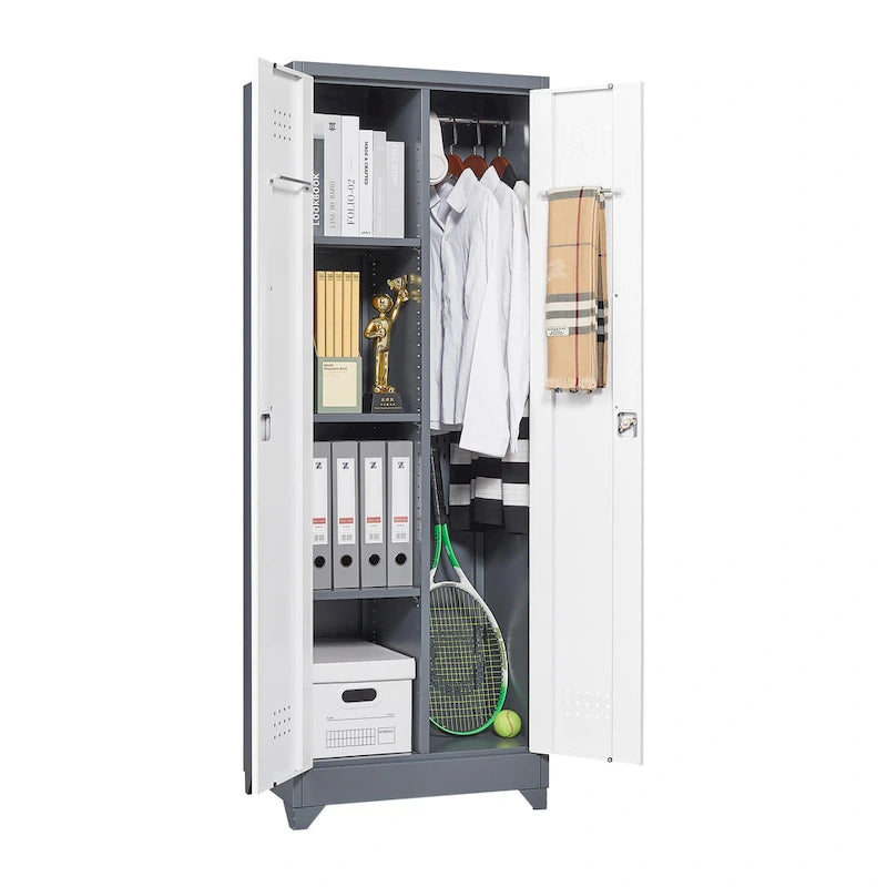 Mueble de almacenamiento de acero gris con cerradura y organizador para escobas y herramientas