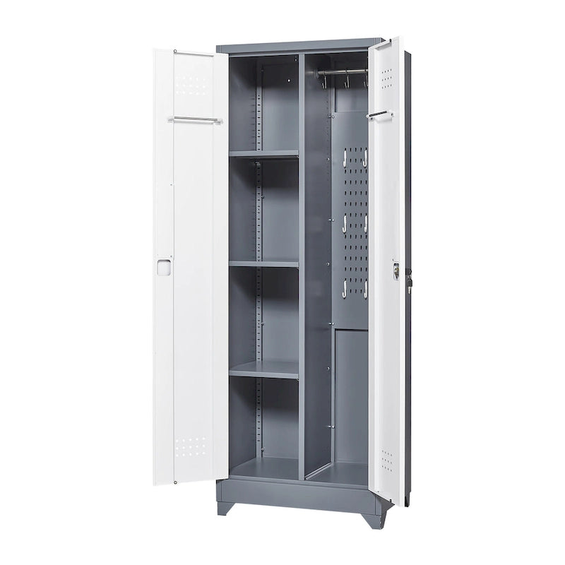 Mueble de almacenamiento de acero gris con cerradura y organizador para escobas y herramientas