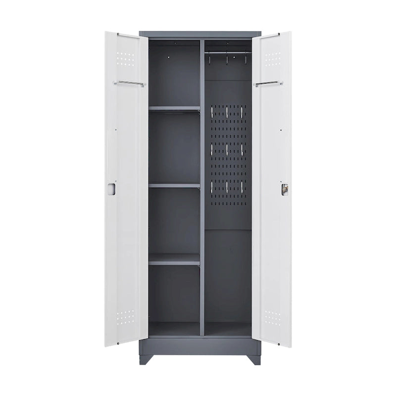 Mueble de almacenamiento de acero gris con cerradura y organizador para escobas y herramientas