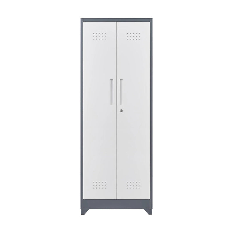 Mueble de almacenamiento de acero gris con cerradura y organizador para escobas y herramientas