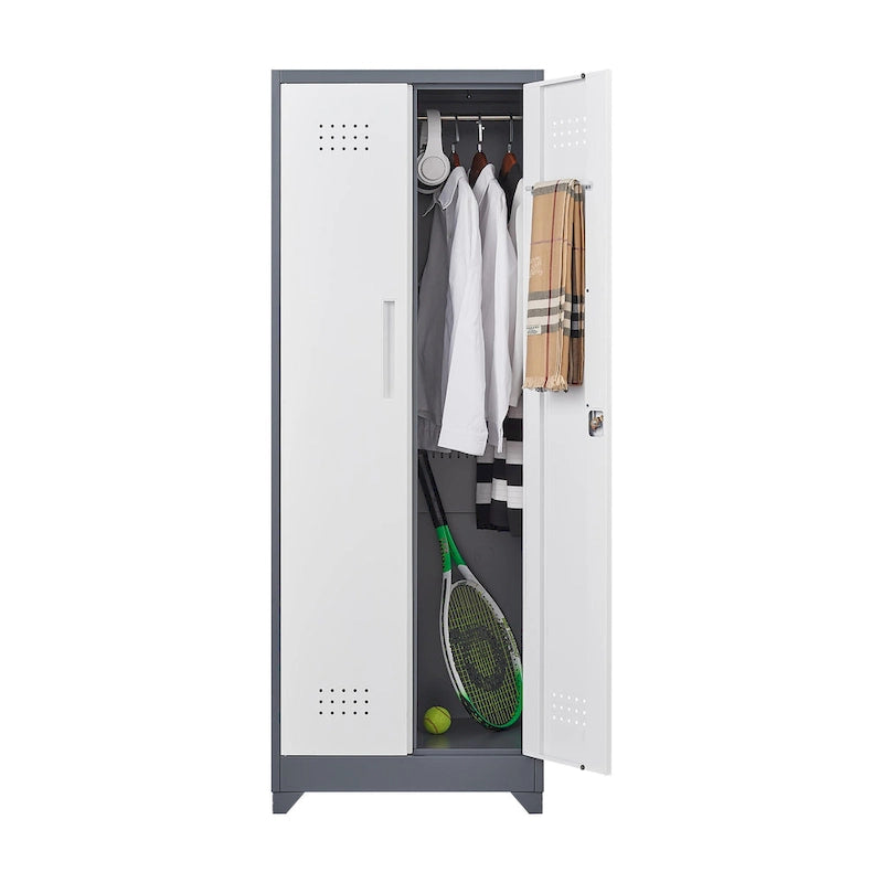 Mueble de almacenamiento de acero gris con cerradura y organizador para escobas y herramientas