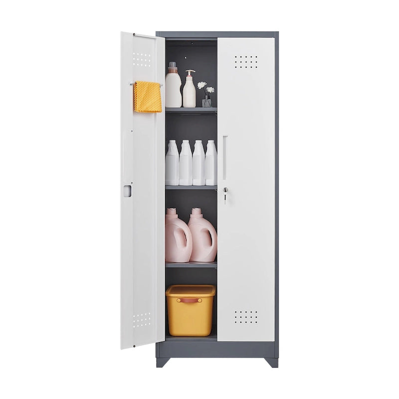 Mueble de almacenamiento de acero gris con cerradura y organizador para escobas y herramientas