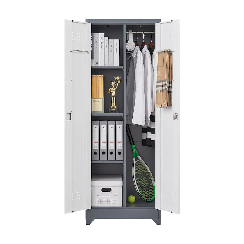 Mueble de almacenamiento de acero gris con cerradura y organizador para escobas y herramientas