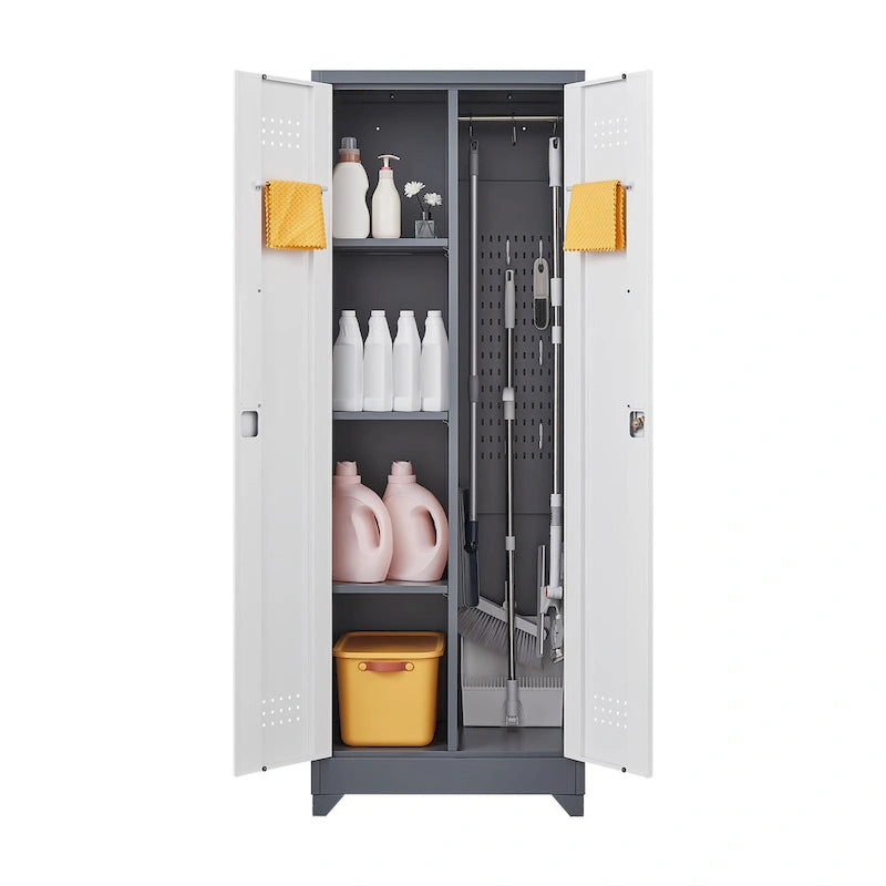 Mueble de almacenamiento de acero gris con cerradura y organizador para escobas y herramientas