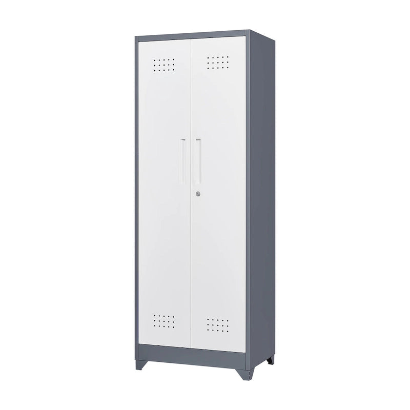 Mueble de almacenamiento de acero gris con cerradura y organizador para escobas y herramientas