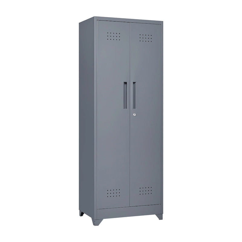 Mueble de almacenamiento de acero gris con cerradura y organizador para escobas y herramientas