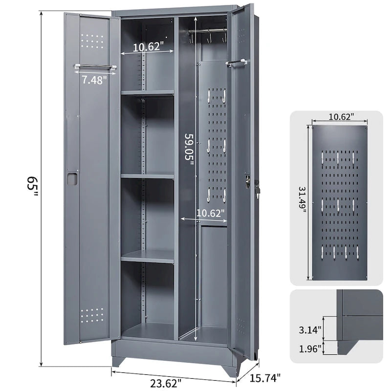 Mueble de almacenamiento de acero gris con cerradura y organizador para escobas y herramientas