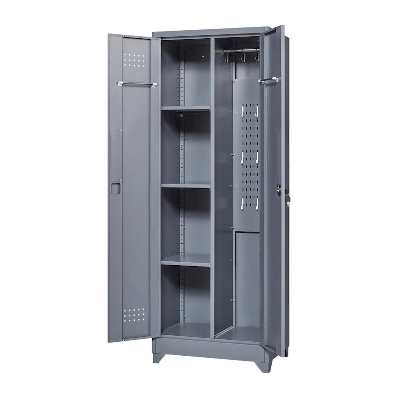 Mueble de almacenamiento de acero gris con cerradura y organizador para escobas y herramientas