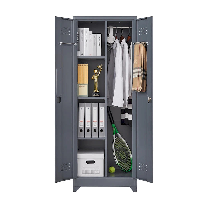Mueble de almacenamiento de acero gris con cerradura y organizador para escobas y herramientas