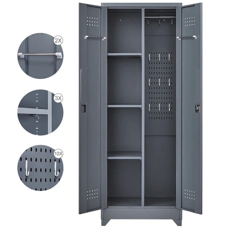 Mueble de almacenamiento de acero gris con cerradura y organizador para escobas y herramientas