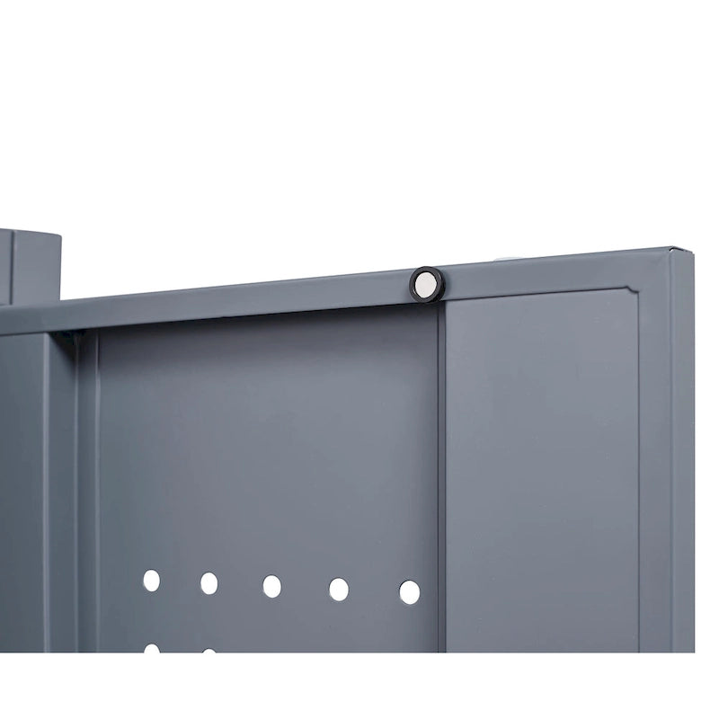 Mueble de almacenamiento de acero gris con cerradura y organizador para escobas y herramientas