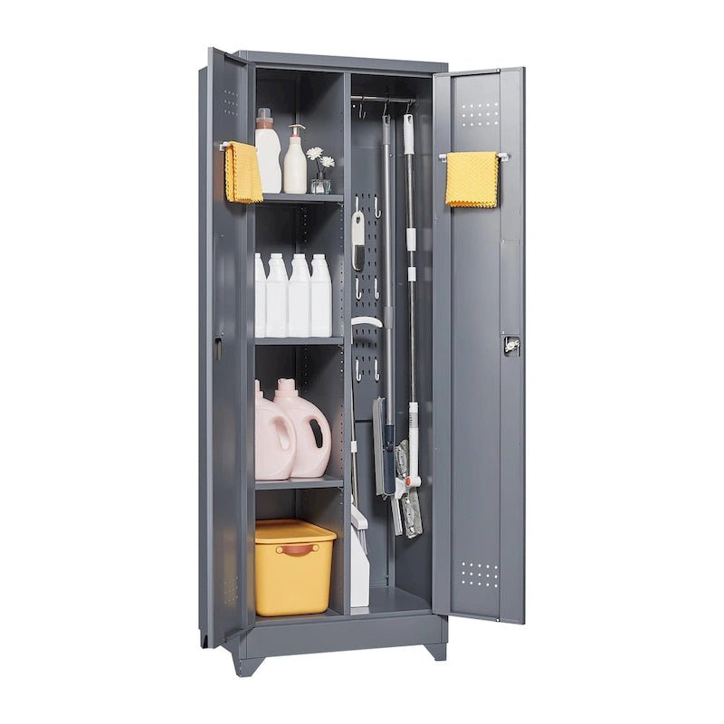 Mueble de almacenamiento de acero gris con cerradura y organizador para escobas y herramientas