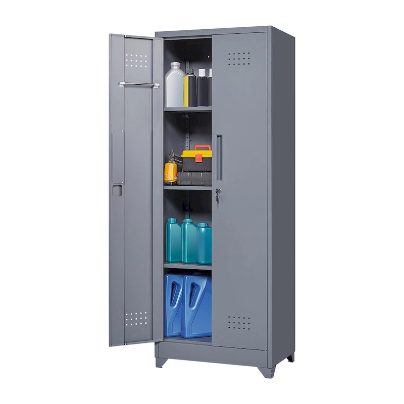 Mueble de almacenamiento de acero gris con cerradura y organizador para escobas y herramientas
