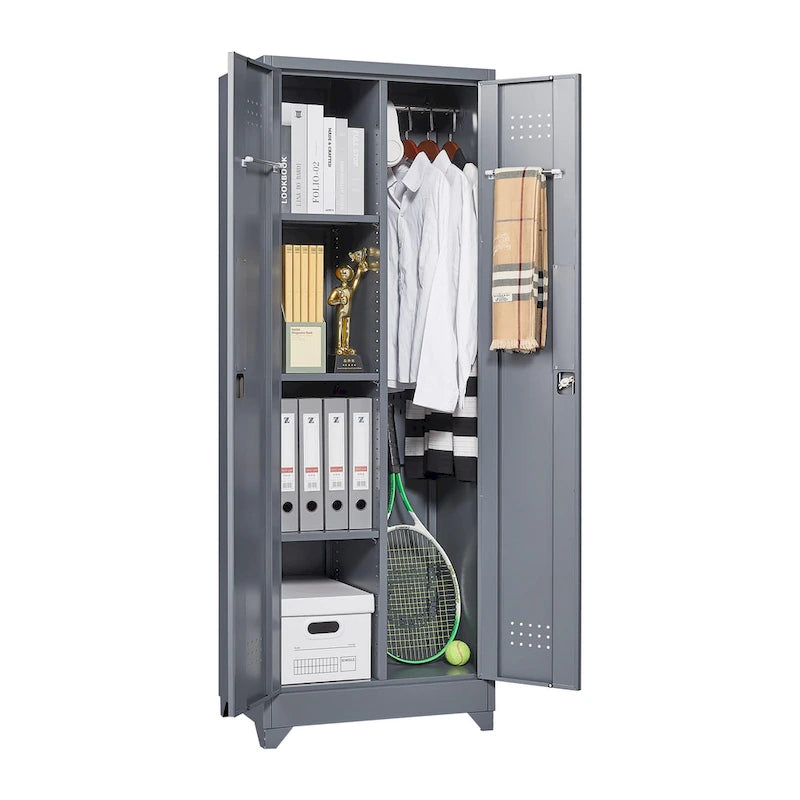 Mueble de almacenamiento de acero gris con cerradura y organizador para escobas y herramientas
