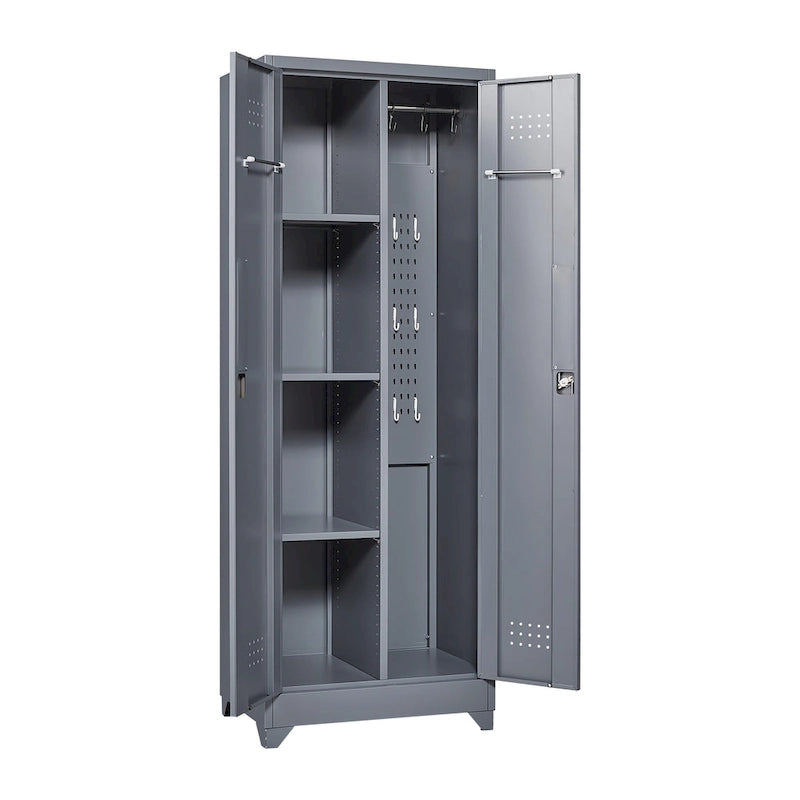Mueble de almacenamiento de acero gris con cerradura y organizador para escobas y herramientas