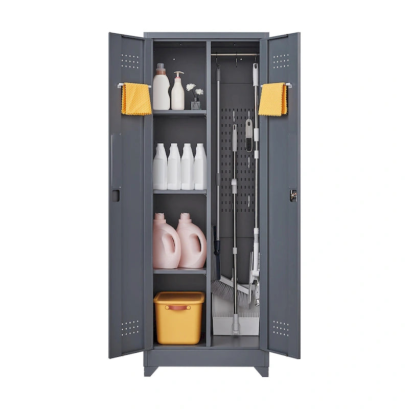 Mueble de almacenamiento de acero gris con cerradura y organizador para escobas y herramientas