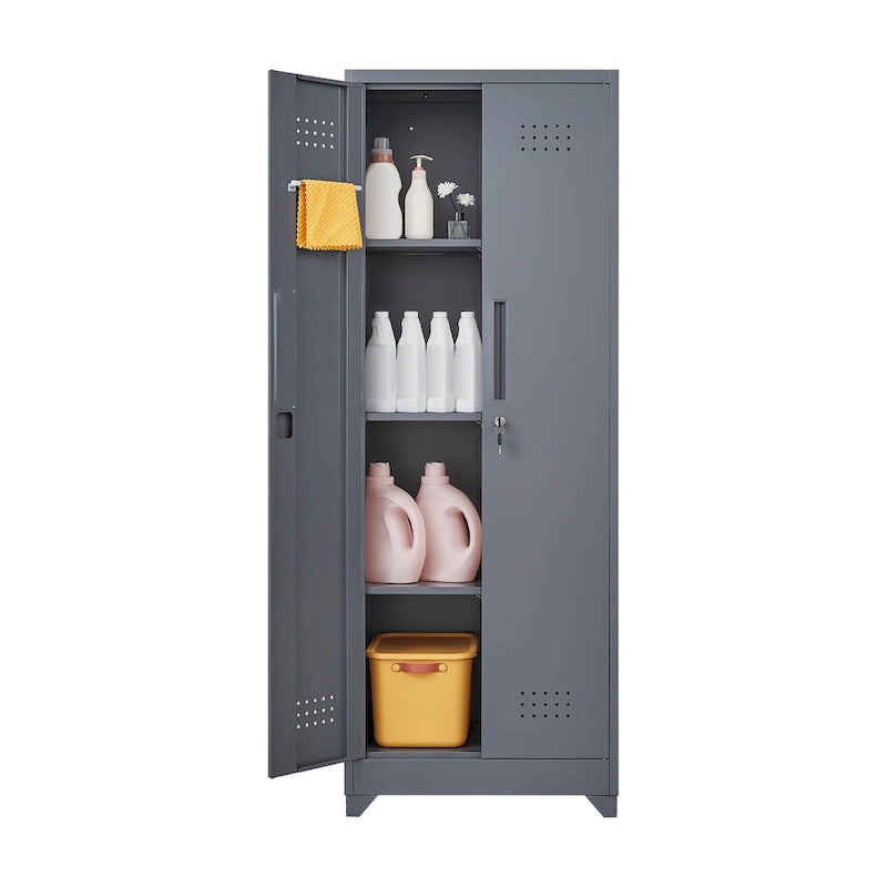 Mueble de almacenamiento de acero gris con cerradura y organizador para escobas y herramientas