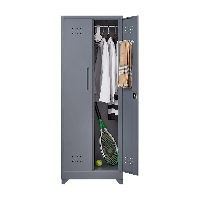Mueble de almacenamiento de acero gris con cerradura y organizador para escobas y herramientas