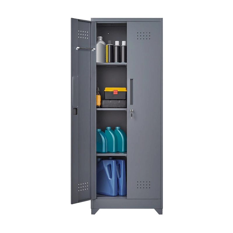 Mueble de almacenamiento de acero gris con cerradura y organizador para escobas y herramientas
