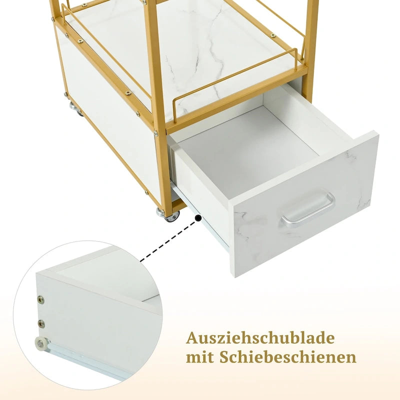 Mobiler Friseurwagen mit feststellbaren Rollen, Marmoroptik und goldenem Metallrahmen