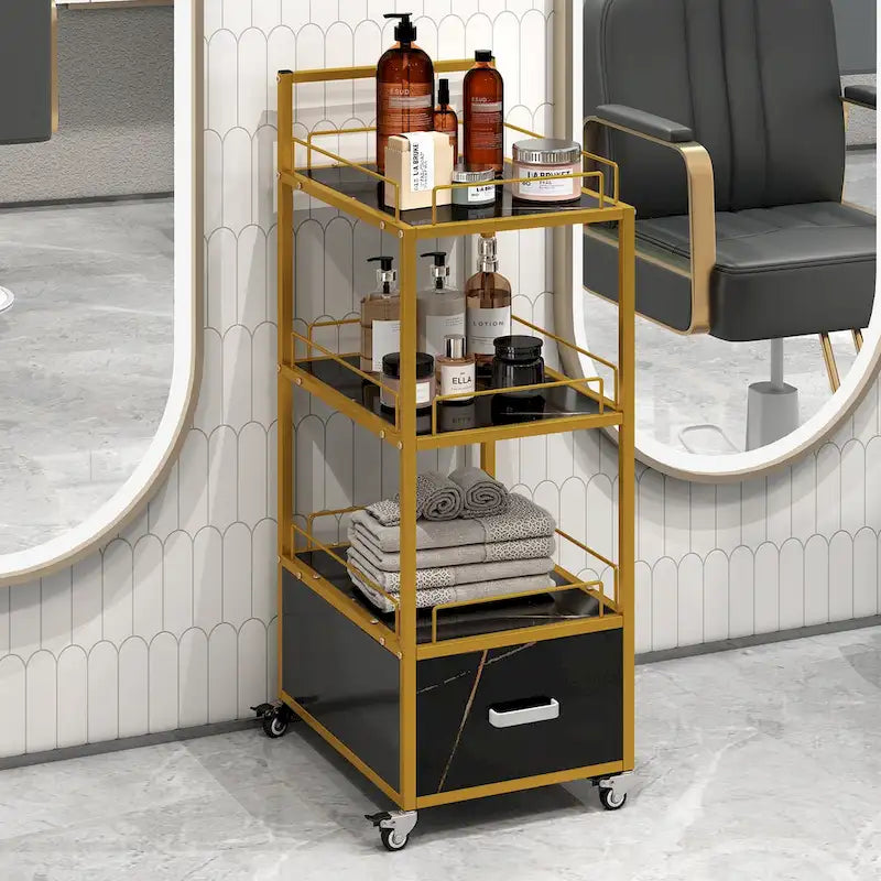 Mobiler Friseurwagen mit feststellbaren Rollen, Marmoroptik und goldenem Metallrahmen