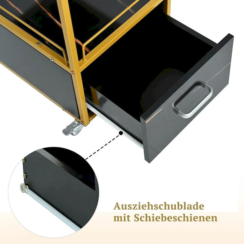 Mobiler Friseurwagen mit feststellbaren Rollen, Marmoroptik und goldenem Metallrahmen